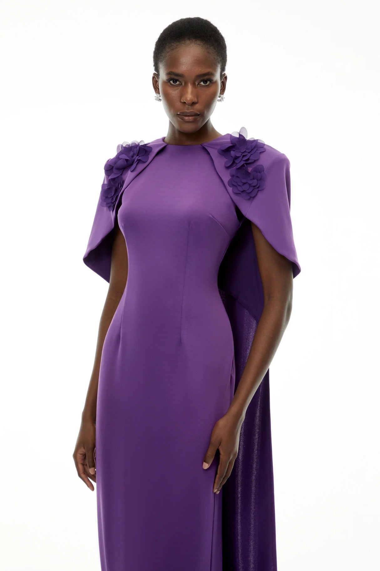 Aria Purple Cinched Maxi Dress with Cape and 3D Florals