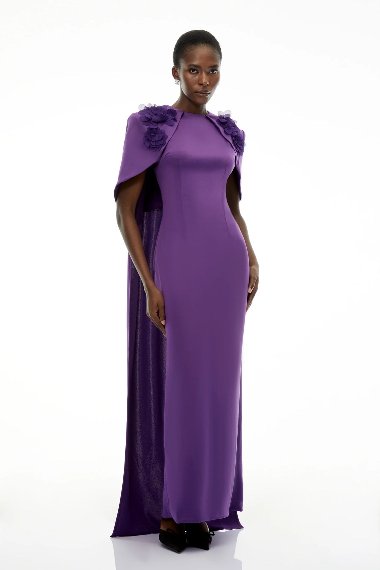 Aria Purple Cinched Maxi Dress with Cape and 3D Florals