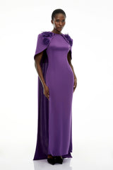 Aria Purple Cinched Maxi Dress with Cape and 3D Florals
