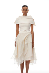 Aria White Asymmetrical Shawl  Tulle Panel Dress Set