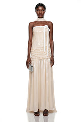 Arianell Champagne Sequin Strapless Bow Rosette Maxi Dress