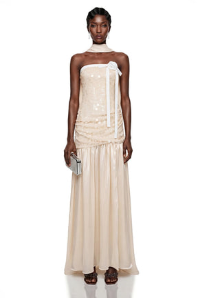Arianell Champagne Sequin Strapless Bow Rosette Maxi Dress