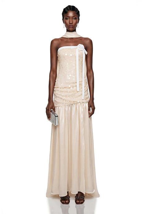 Arianell Champagne Sequin Strapless Bow Rosette Maxi Dress