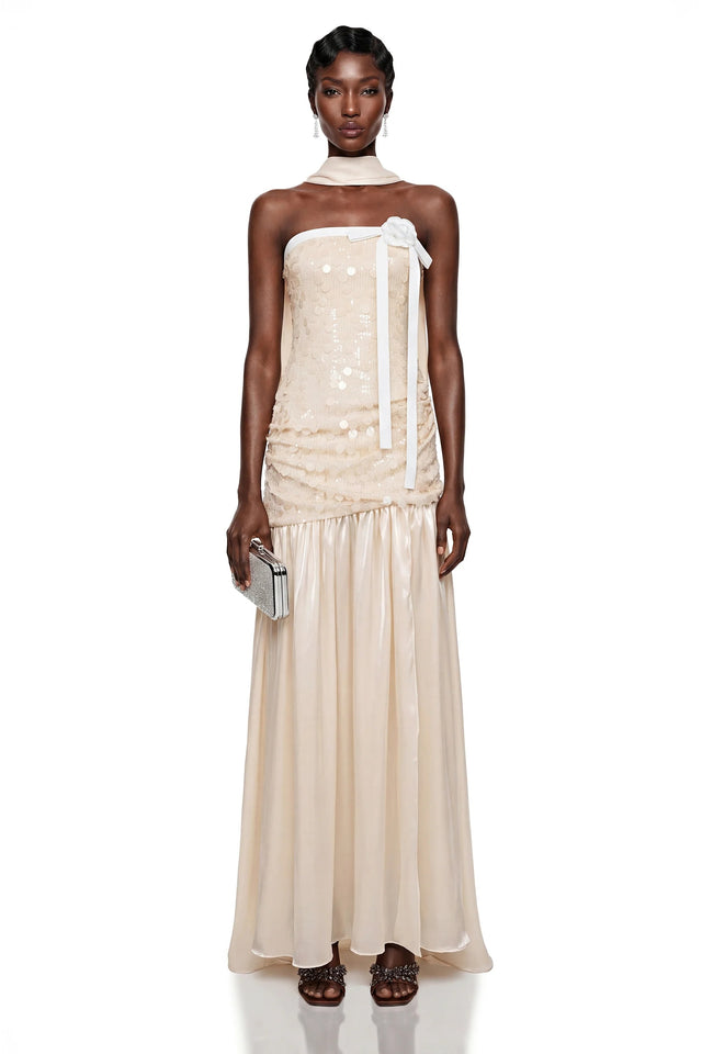 Arianell Champagne Sequin Strapless Bow Rosette Maxi Dress