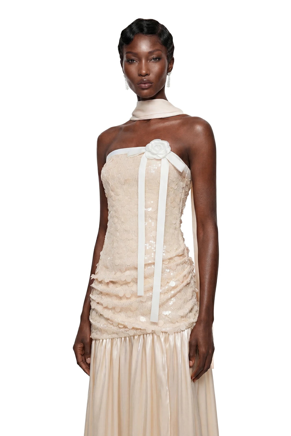 Arianell Champagne Sequin Strapless Bow Rosette Maxi Dress