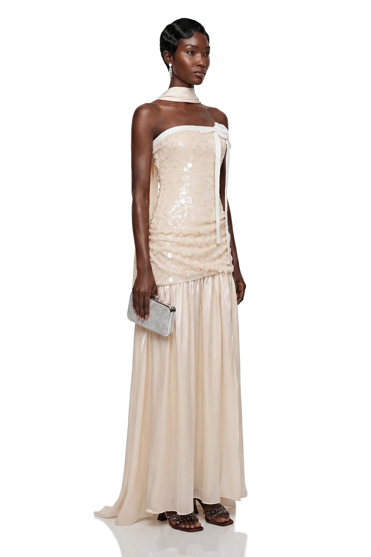 Arianell Champagne Sequin Strapless Bow Rosette Maxi Dress