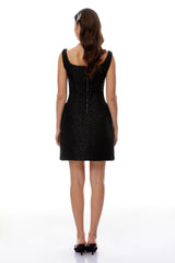 Arna Black Square Neck Tweed Mini Dress