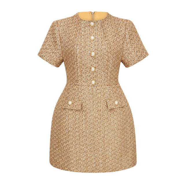 Arna Gold Round Neck Tweed Mini Dress