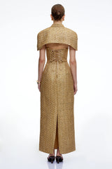 Arna Gold Sweetheart Neckline Tweed Maxi Dress with Cape