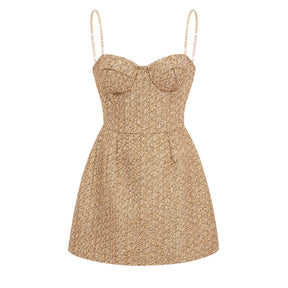 Arna Gold Sweetheart Neckline Tweed Mini Dress