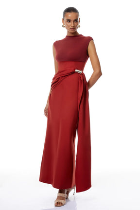 Arna Red Knit Panel Gathered Maxi Dress