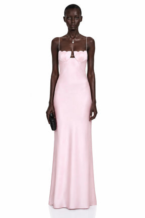 Asel Pink Maxi Dress with Floral Neckline