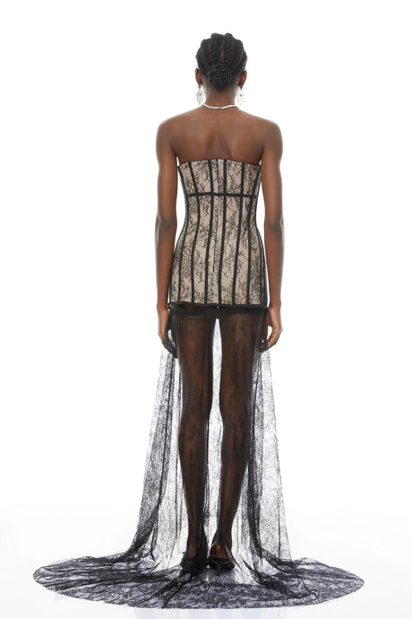 Astrid Black Floral Lace Corset Maxi Dress