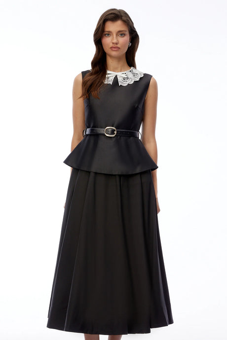Ata Black Lace Trim Midi Dress