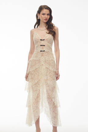 Atousa Cream Layered Floral Lace Maxi Dress with Bow