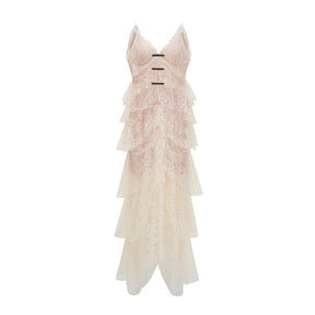 Atousa Cream Layered Floral Lace Maxi Dress with Bow