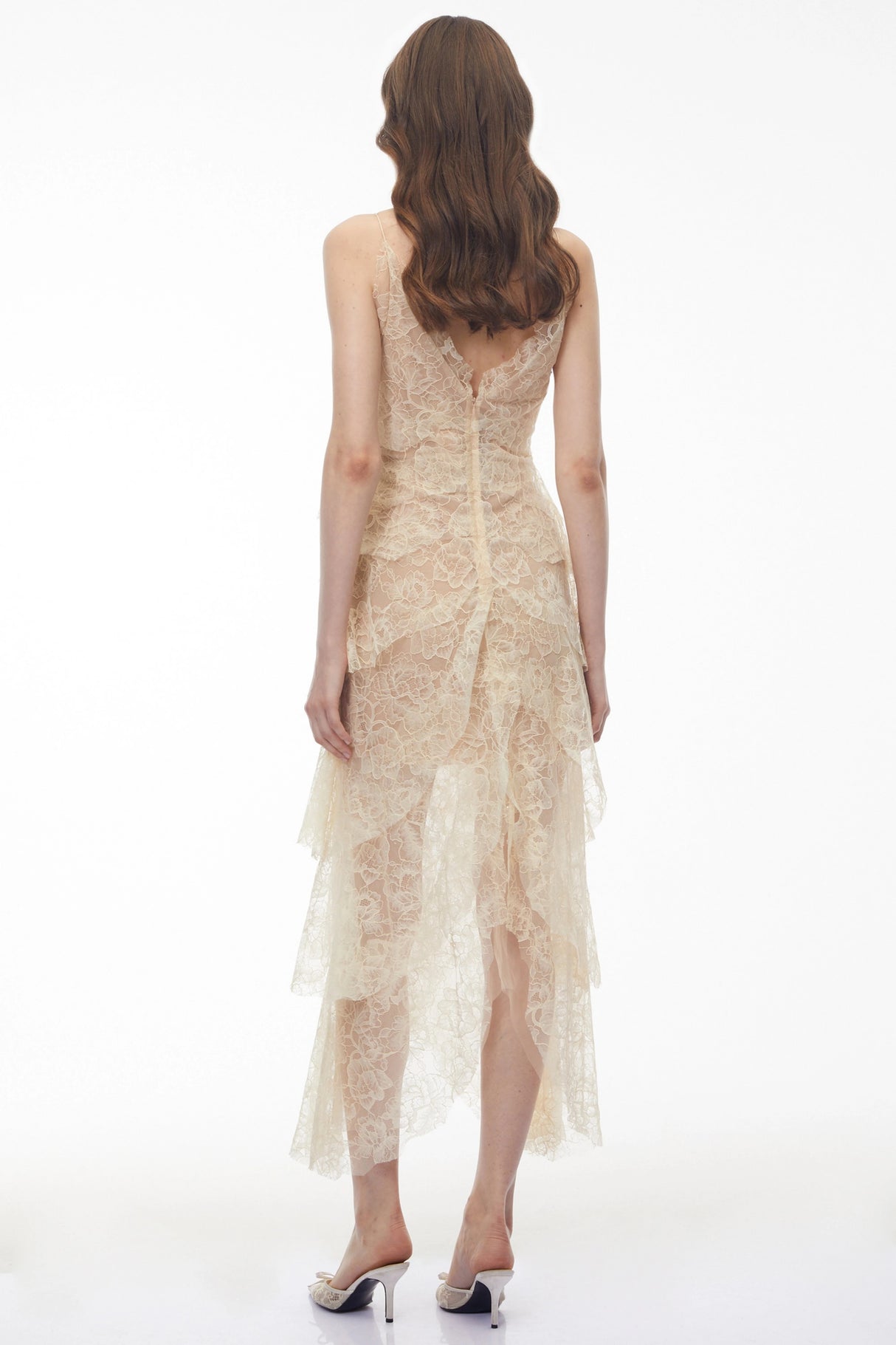 Atousa Cream Layered Floral Lace Maxi Dress with Bow