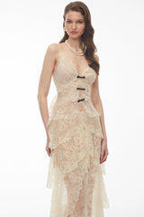 Atousa Cream Layered Floral Lace Maxi Dress with Bow