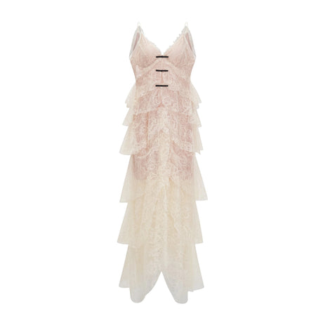 Atousa Cream Layered Floral Lace Maxi Dress with Bow