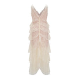 Atousa Cream Layered Floral Lace Maxi Dress with Bow