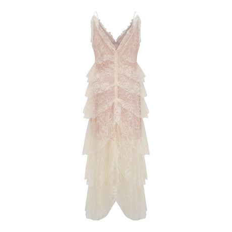 Atousa Cream Layered Floral Lace Maxi Dress with Bow