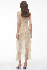 Atousa Cream Layered Floral Lace Maxi Dress with Bow