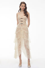 Atousa Cream Layered Floral Lace Maxi Dress with Bow