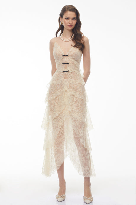 Atousa Cream Layered Floral Lace Maxi Dress with Bow