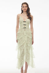 Atousa Green Layered Floral Lace Maxi Dress with Bow