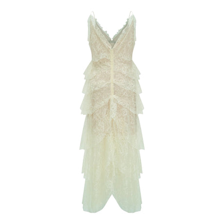 Atousa Green Layered Floral Lace Maxi Dress with Bow