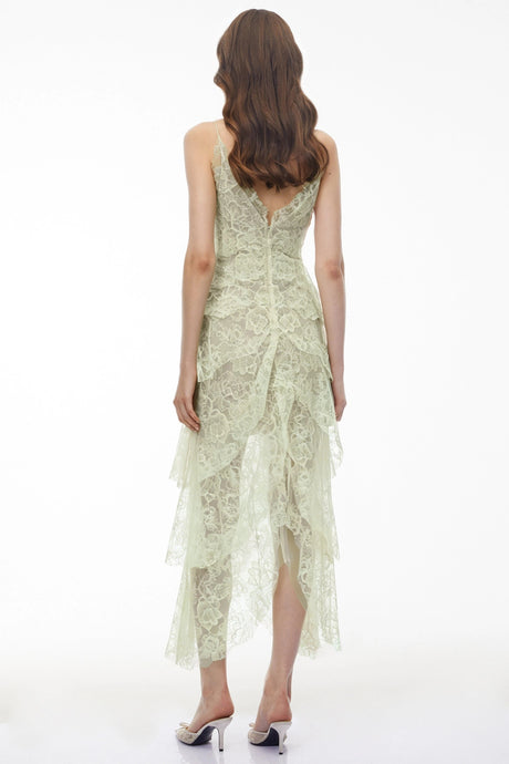 Atousa Green Layered Floral Lace Maxi Dress with Bow