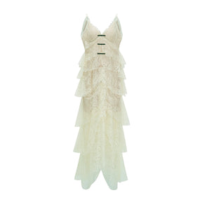 Atousa Green Layered Floral Lace Maxi Dress with Bow