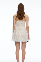 Atousa Neutral Layered Floral Lace Mini Dress with Bow