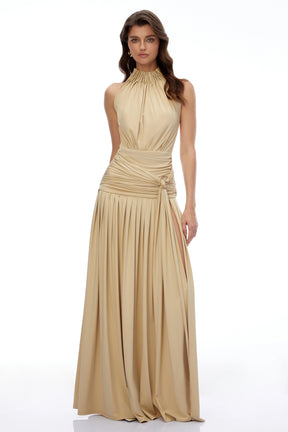 Aurelia Champagne Halterneck Ruched Maxi Dress with Side Slit