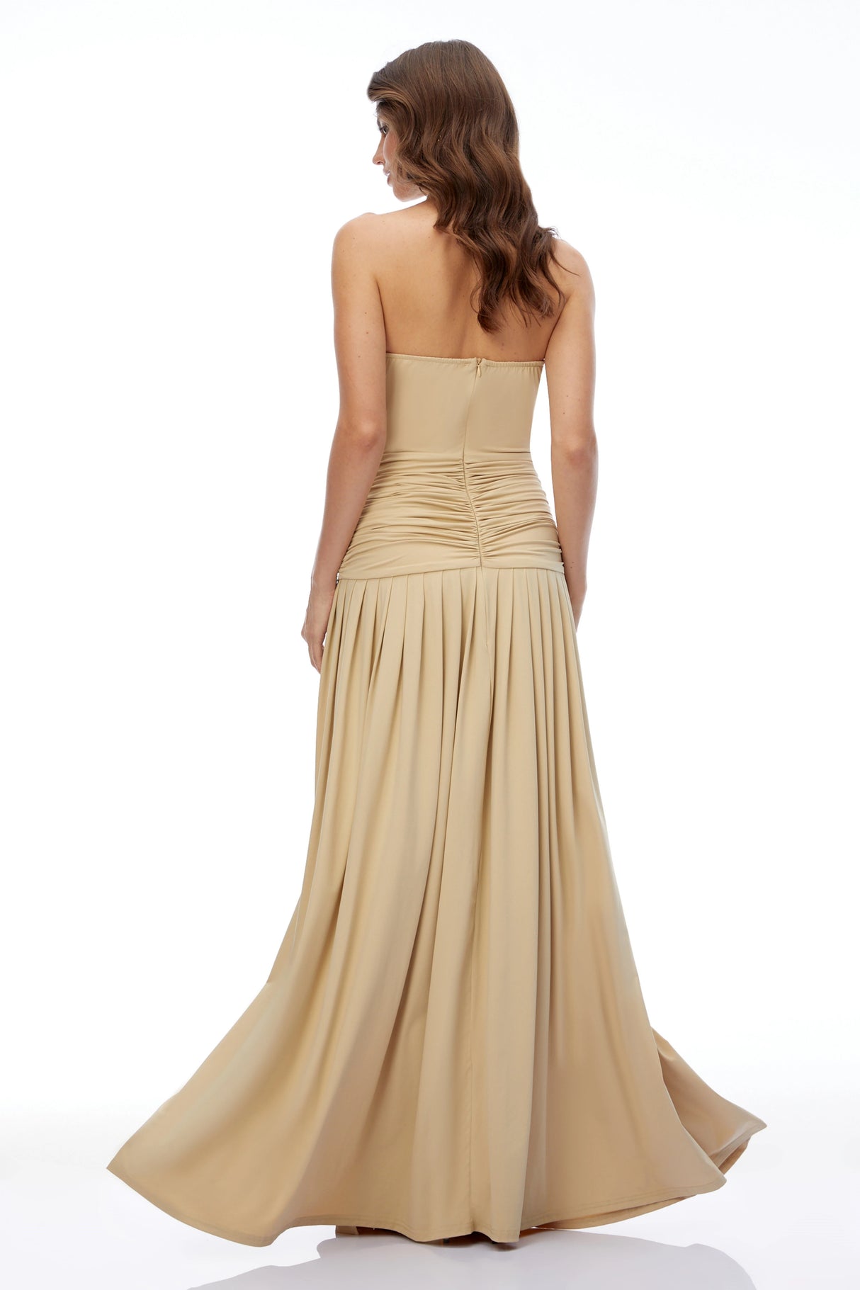 Aurelia Champagne Halterneck Ruched Maxi Dress with Side Slit