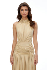 Aurelia Champagne Halterneck Ruched Maxi Dress with Side Slit