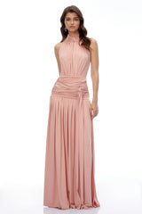 Aurelia Pink Halterneck Ruched Maxi Dress with Side Slit