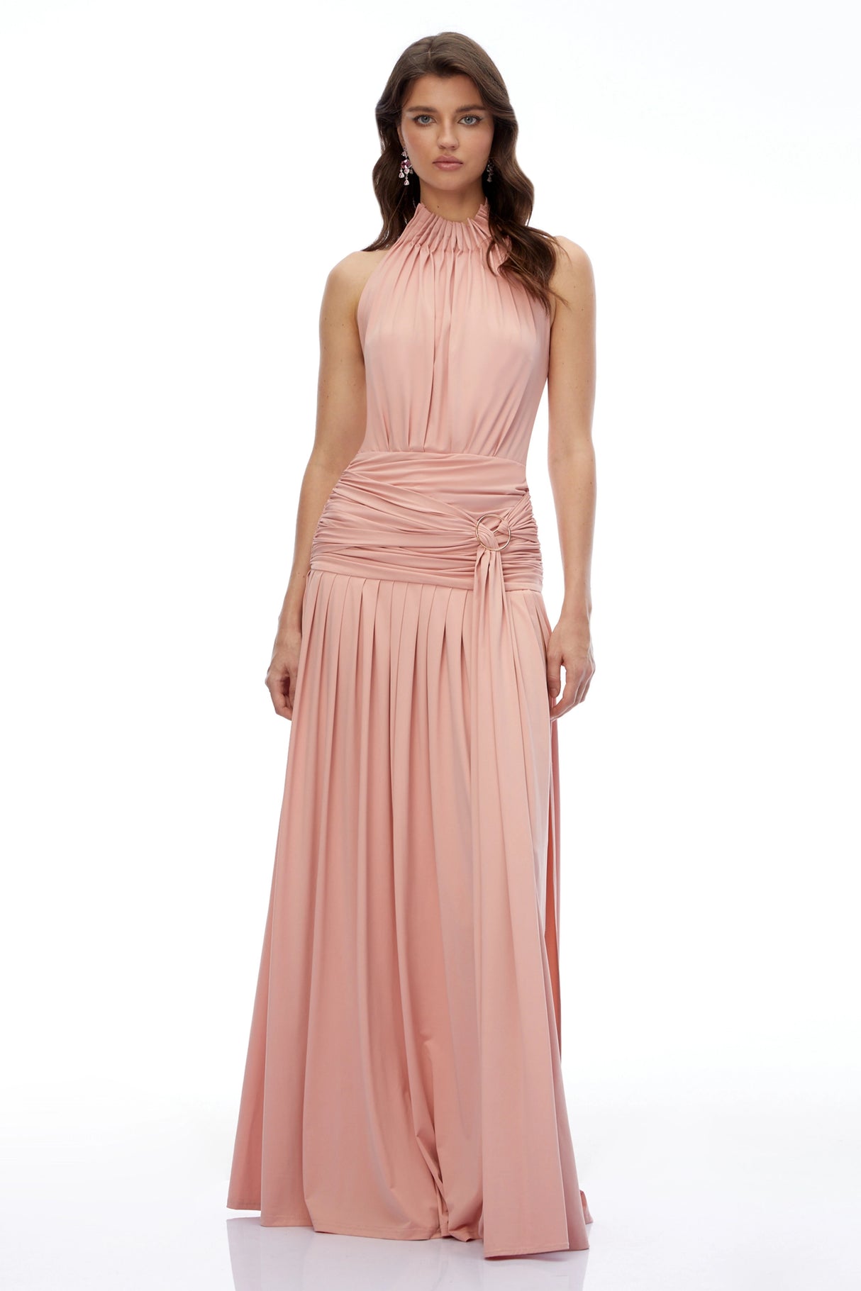 Aurelia Pink Halterneck Ruched Maxi Dress with Side Slit