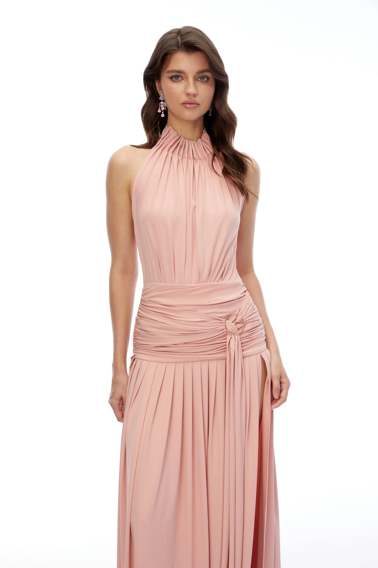 Aurelia Pink Halterneck Ruched Maxi Dress with Side Slit