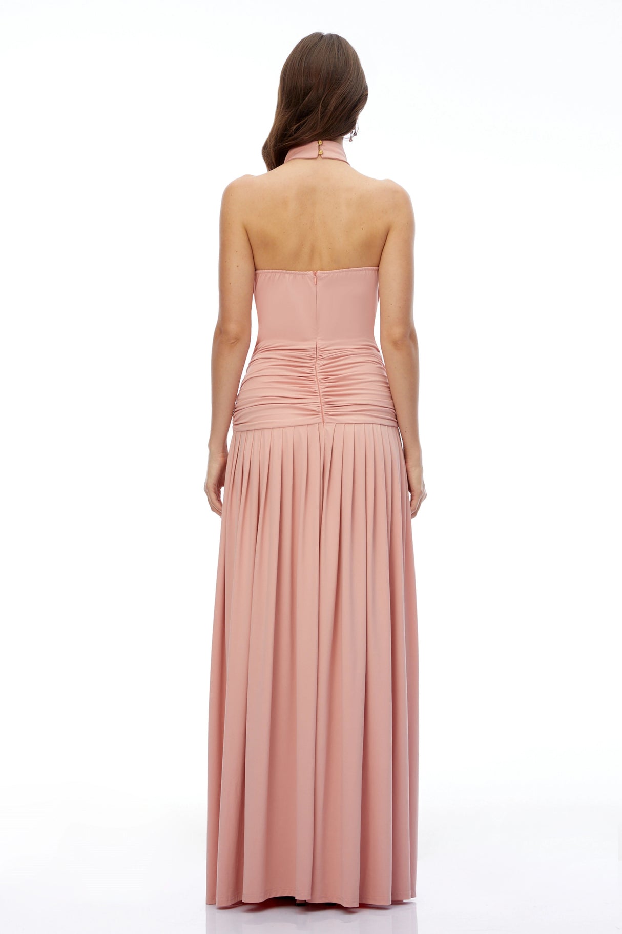 Aurelia Pink Halterneck Ruched Maxi Dress with Side Slit