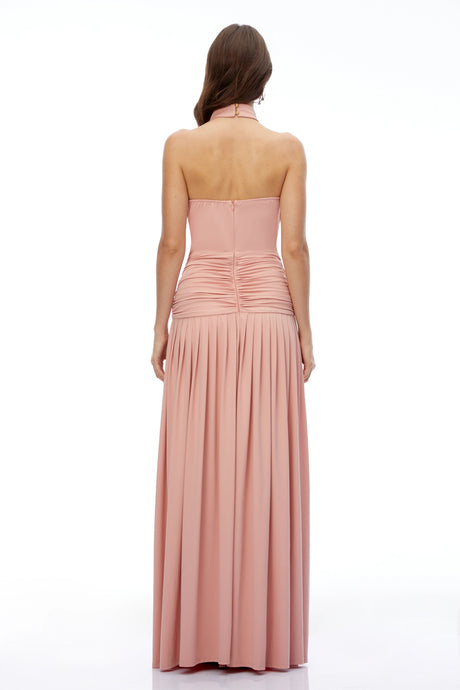 Aurelia Pink Halterneck Ruched Maxi Dress with Side Slit