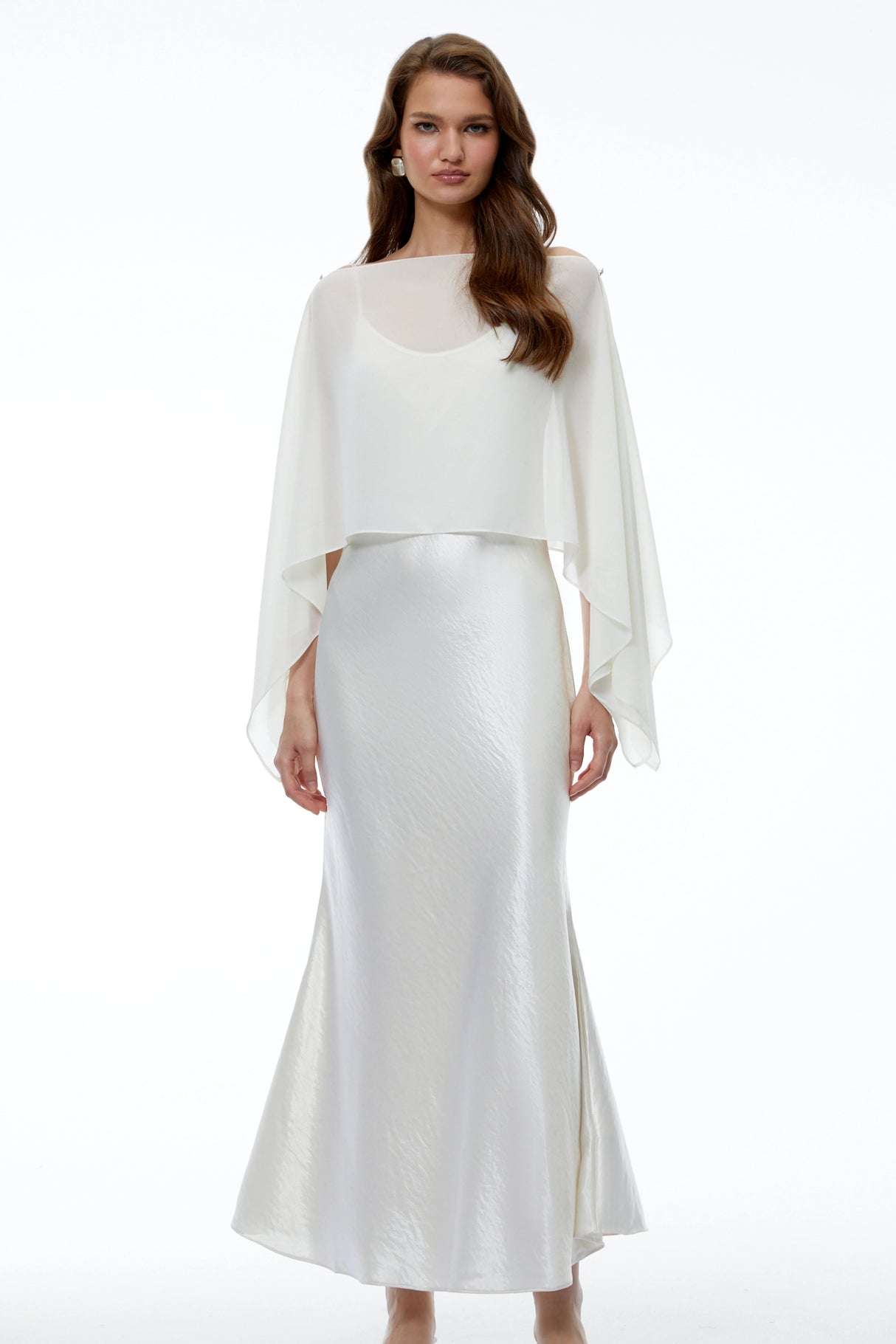 Aurelia White Satin Maxi Dress with Chiffon Overlay