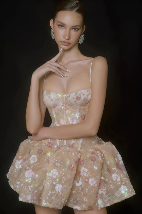 Aureliana Nude Floral Embroidered Sequin Mini Dress