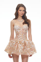 Aureliana Nude Floral Embroidered Sequin Mini Dress