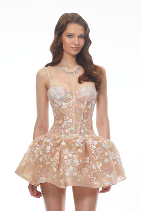 Aureliana Nude Floral Embroidered Sequin Mini Dress