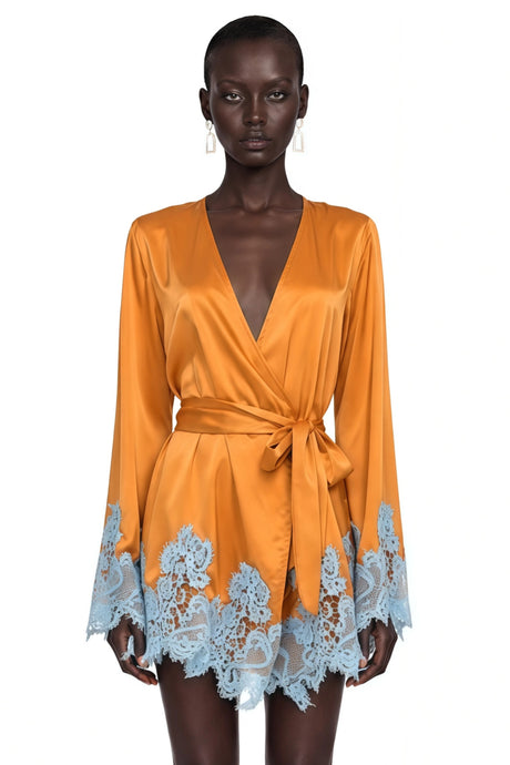 Aurelie Brown Satin Wrap Mini Dress with Lace