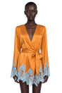 Aurelie Brown Satin Wrap Mini Dress with Lace