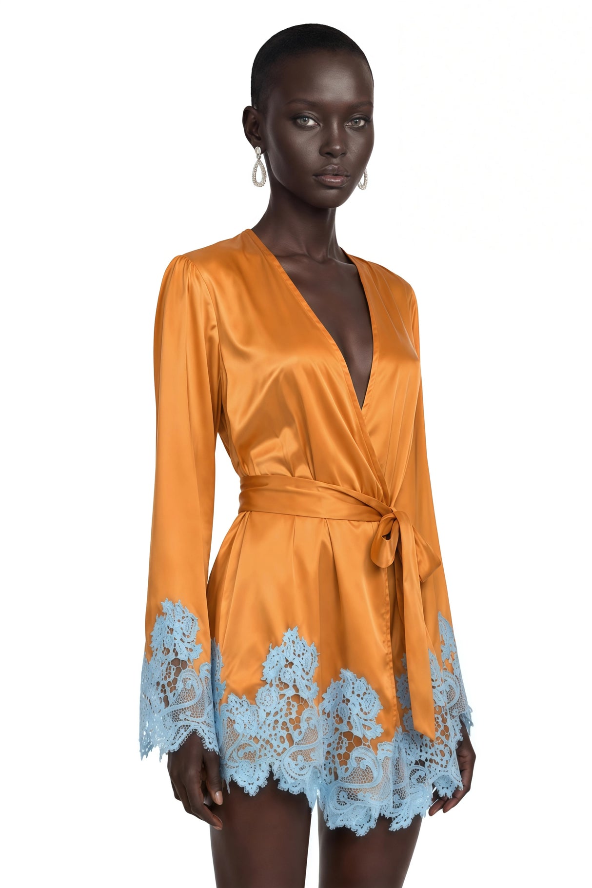 Aurelie Brown Satin Wrap Mini Dress with Lace