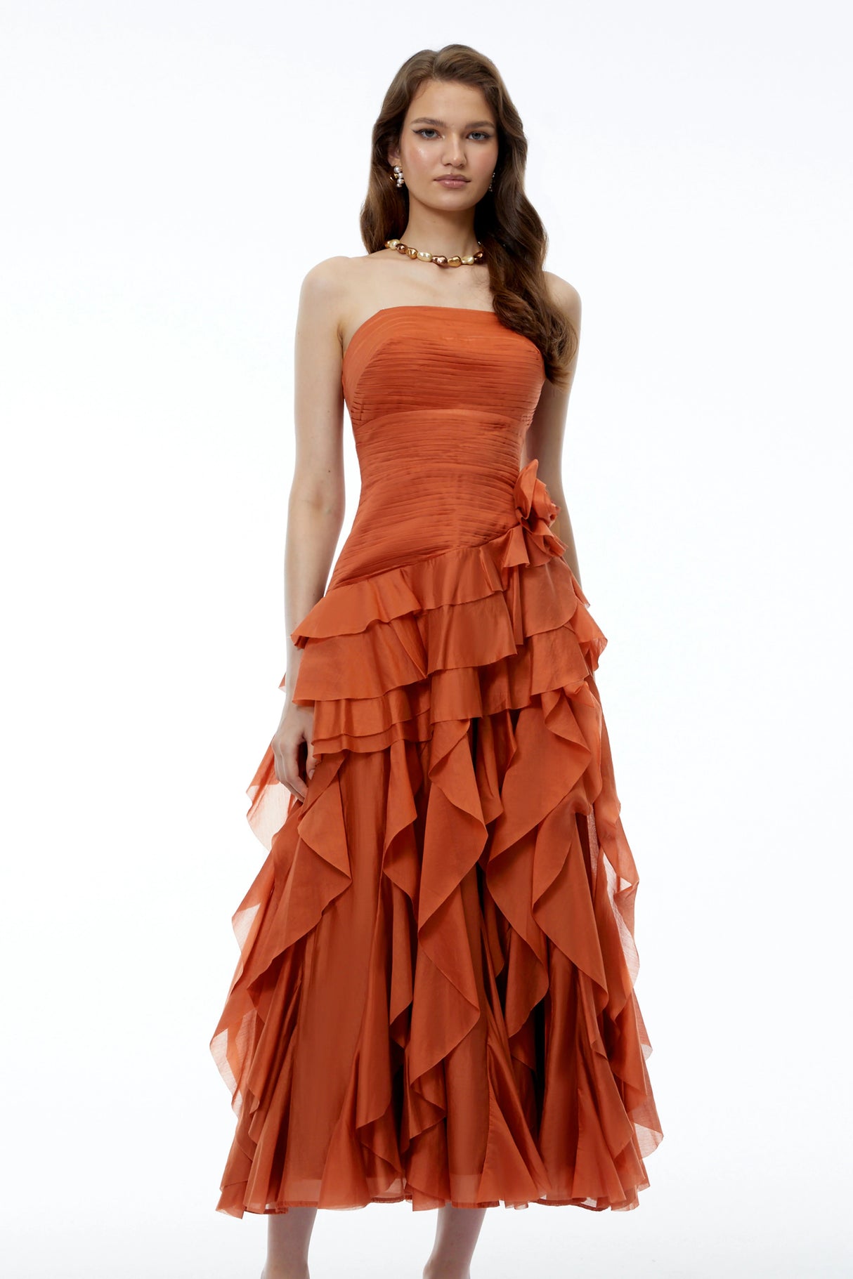 Aurelie Orange Tiered Ruffled Maxi Dress with 3D Florals