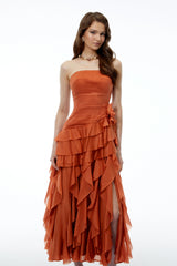 Aurelie Orange Tiered Ruffled Maxi Dress with 3D Florals